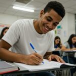 A imagem mostra um jovem sorridente realizando uma prova em sala de aula, concentrado enquanto escreve em um caderno com caneta azul. Ao fundo, outros estudantes também estão focados em suas atividades, criando um ambiente típico de aplicação de exame, como o ENEM ou concursos. O cenário transmite dedicação, leveza e confiança durante o momento de avaliação.