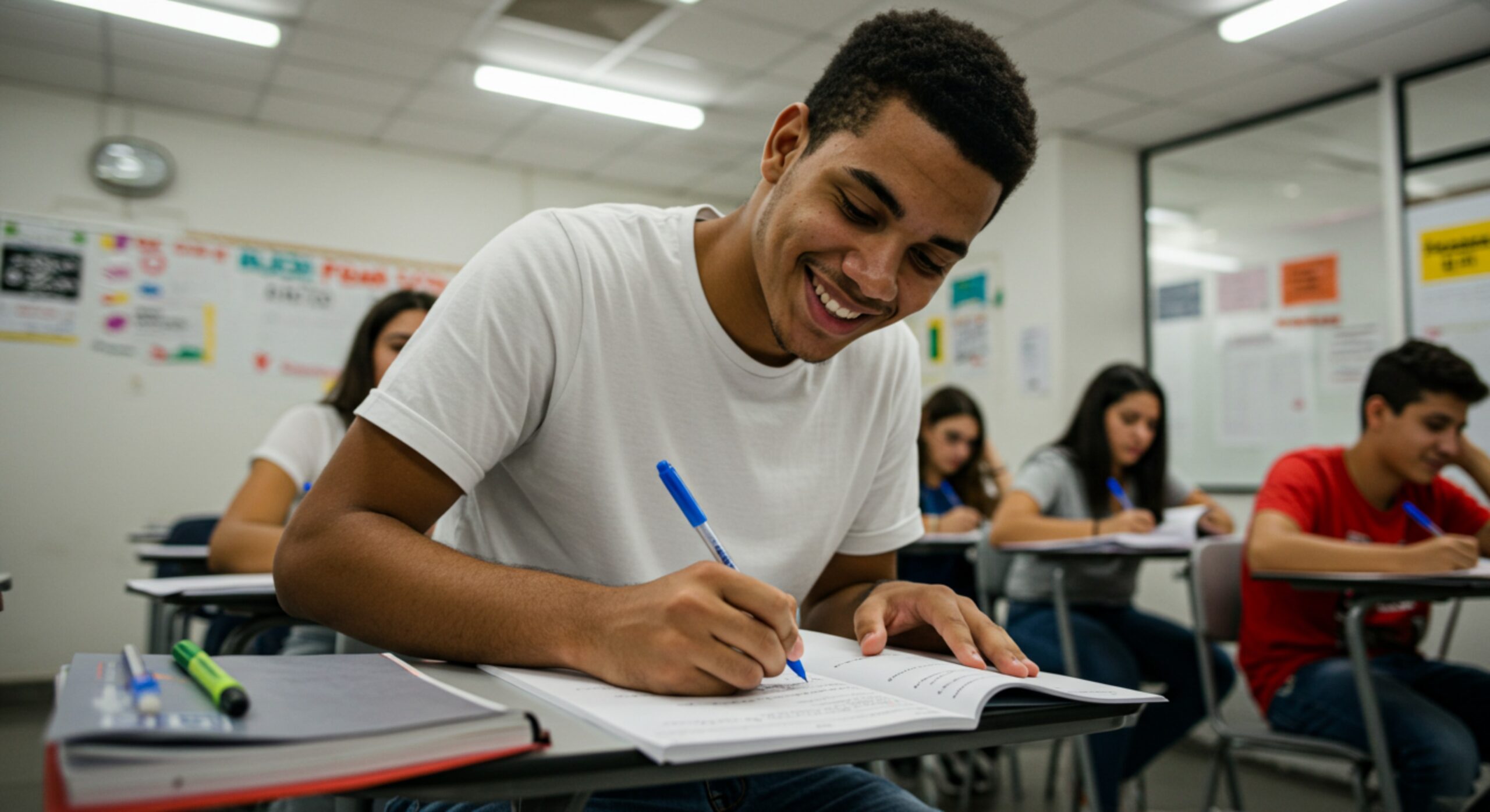 A imagem mostra um jovem sorridente realizando uma prova em sala de aula, concentrado enquanto escreve em um caderno com caneta azul. Ao fundo, outros estudantes também estão focados em suas atividades, criando um ambiente típico de aplicação de exame, como o ENEM ou concursos. O cenário transmite dedicação, leveza e confiança durante o momento de avaliação.