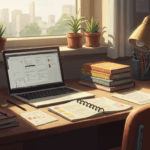 Mesa de estudos organizada com cadernos, livros empilhados, laptop aberto exibindo um painel digital, papéis com anotações, copo com lápis e canetas, luminária de mesa acesa e vasos de plantas na janela ao fundo com vista urbana ao entardecer.