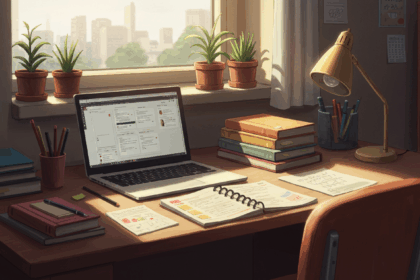 Mesa de estudos organizada com cadernos, livros empilhados, laptop aberto exibindo um painel digital, papéis com anotações, copo com lápis e canetas, luminária de mesa acesa e vasos de plantas na janela ao fundo com vista urbana ao entardecer.