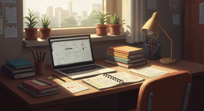 Mesa de estudos organizada com cadernos, livros empilhados, laptop aberto exibindo um painel digital, papéis com anotações, copo com lápis e canetas, luminária de mesa acesa e vasos de plantas na janela ao fundo com vista urbana ao entardecer.