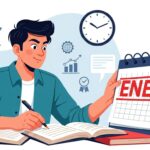 O ChatGPT disse: Ilustração de um estudante escrevendo em cadernos abertos enquanto segura um calendário com a palavra "ENEM" destacada, cercado por ícones de gráficos, relógio e certificados, simbolizando preparação para o exame.