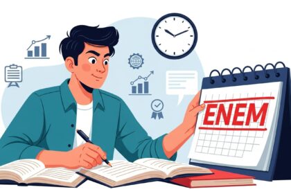 O ChatGPT disse: Ilustração de um estudante escrevendo em cadernos abertos enquanto segura um calendário com a palavra "ENEM" destacada, cercado por ícones de gráficos, relógio e certificados, simbolizando preparação para o exame.