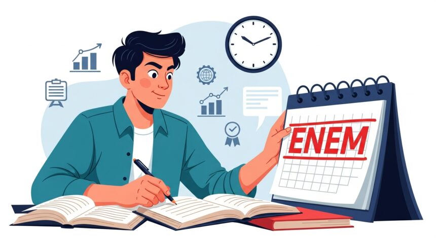 O ChatGPT disse: Ilustração de um estudante escrevendo em cadernos abertos enquanto segura um calendário com a palavra "ENEM" destacada, cercado por ícones de gráficos, relógio e certificados, simbolizando preparação para o exame.