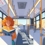 Ilustração de uma jovem com cabelo cacheado ruivo lendo um livro sentada sozinha em um ônibus quase vazio, com luz suave do entardecer entrando pelas janelas.