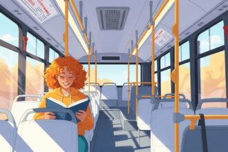 Ilustração de uma jovem com cabelo cacheado ruivo lendo um livro sentada sozinha em um ônibus quase vazio, com luz suave do entardecer entrando pelas janelas.