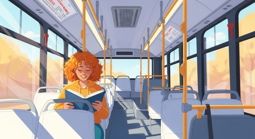 Ilustração de uma jovem com cabelo cacheado ruivo lendo um livro sentada sozinha em um ônibus quase vazio, com luz suave do entardecer entrando pelas janelas.