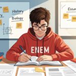 Ilustração de um estudante usando moletom vermelho com a palavra "ENEM", escrevendo em um caderno em meio a livros e papéis, com quadros ao fundo mostrando conteúdos como matemática, história, biologia e redação.