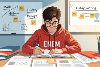 Ilustração de um estudante usando moletom vermelho com a palavra "ENEM", escrevendo em um caderno em meio a livros e papéis, com quadros ao fundo mostrando conteúdos como matemática, história, biologia e redação.