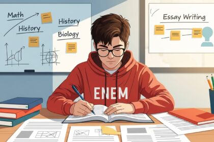 Ilustração de um estudante usando moletom vermelho com a palavra "ENEM", escrevendo em um caderno em meio a livros e papéis, com quadros ao fundo mostrando conteúdos como matemática, história, biologia e redação.