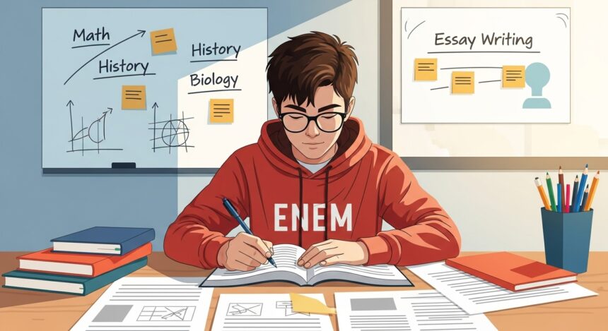 Ilustração de um estudante usando moletom vermelho com a palavra "ENEM", escrevendo em um caderno em meio a livros e papéis, com quadros ao fundo mostrando conteúdos como matemática, história, biologia e redação.