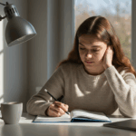 Jovem sentada à mesa estudando com um caderno aberto, cercada por livros, luminária e uma xícara, em ambiente iluminado pela luz natural vinda da janela.