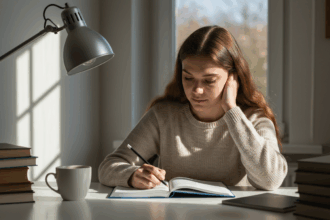 Jovem sentada à mesa estudando com um caderno aberto, cercada por livros, luminária e uma xícara, em ambiente iluminado pela luz natural vinda da janela.