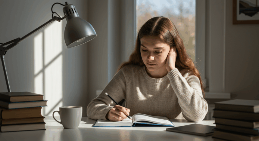 Jovem sentada à mesa estudando com um caderno aberto, cercada por livros, luminária e uma xícara, em ambiente iluminado pela luz natural vinda da janela.