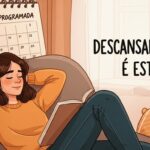 Ilustração de uma jovem relaxando em uma poltrona com um livro, ao lado de um calendário com a frase "Pausa Programada" e o texto "Descansar também é estudar" em destaque.