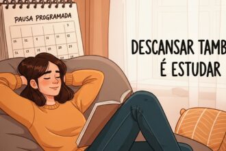 Ilustração de uma jovem relaxando em uma poltrona com um livro, ao lado de um calendário com a frase "Pausa Programada" e o texto "Descansar também é estudar" em destaque.