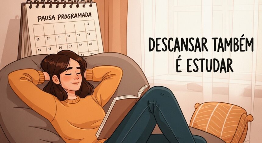 Ilustração de uma jovem relaxando em uma poltrona com um livro, ao lado de um calendário com a frase "Pausa Programada" e o texto "Descansar também é estudar" em destaque.