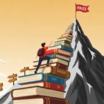 O ChatGPT disse: Ilustração de um estudante subindo uma escada feita de livros empilhados até o topo de uma montanha, onde há uma bandeira vermelha com a palavra "PASS", simbolizando a conquista após muito estudo.