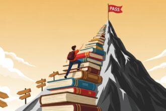 O ChatGPT disse: Ilustração de um estudante subindo uma escada feita de livros empilhados até o topo de uma montanha, onde há uma bandeira vermelha com a palavra "PASS", simbolizando a conquista após muito estudo.