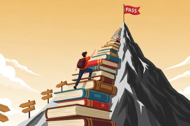O ChatGPT disse: Ilustração de um estudante subindo uma escada feita de livros empilhados até o topo de uma montanha, onde há uma bandeira vermelha com a palavra "PASS", simbolizando a conquista após muito estudo.