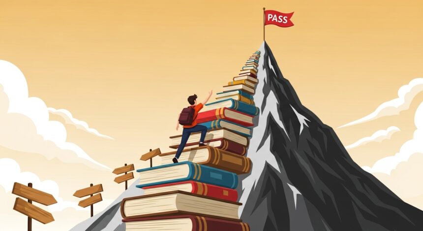O ChatGPT disse: Ilustração de um estudante subindo uma escada feita de livros empilhados até o topo de uma montanha, onde há uma bandeira vermelha com a palavra "PASS", simbolizando a conquista após muito estudo.