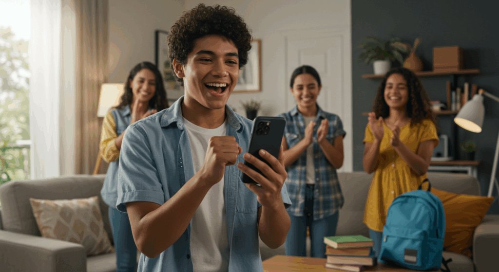 Jovem sorridente segurando um celular, comemorando uma conquista, enquanto três pessoas ao fundo aplaudem, em ambiente doméstico com clima de celebração.