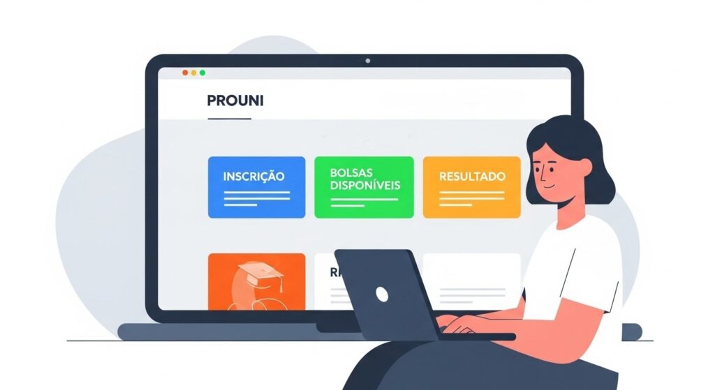 Ilustração de estudante acessando o site do Prouni em um notebook, com destaque para as opções de inscrição, bolsas disponíveis e resultado na tela.