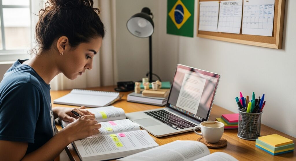 Mulher estudando em sua mesa com livros, laptop e anotações, em um ambiente tranquilo e bem iluminado.