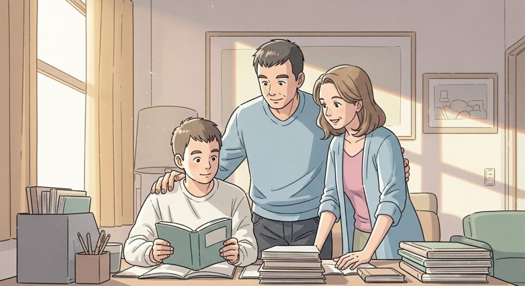 Ilustração de um menino lendo com seus pais ao redor, em um ambiente iluminado e acolhedor, com livros empilhados sobre a mesa.