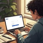 Jovem utilizando um notebook com a tela de login do sistema SISU, em uma mesa com livros, caderno aberto, caneta e uma xícara de café, em ambiente de estudo bem iluminado.