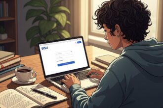 Jovem utilizando um notebook com a tela de login do sistema SISU, em uma mesa com livros, caderno aberto, caneta e uma xícara de café, em ambiente de estudo bem iluminado.
