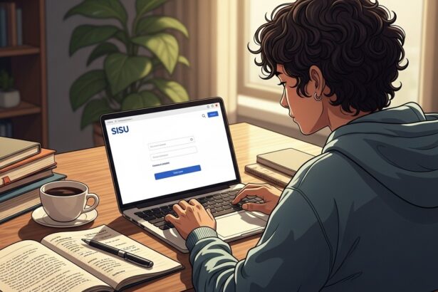 Jovem utilizando um notebook com a tela de login do sistema SISU, em uma mesa com livros, caderno aberto, caneta e uma xícara de café, em ambiente de estudo bem iluminado.