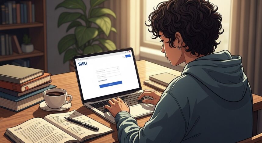 Jovem utilizando um notebook com a tela de login do sistema SISU, em uma mesa com livros, caderno aberto, caneta e uma xícara de café, em ambiente de estudo bem iluminado.