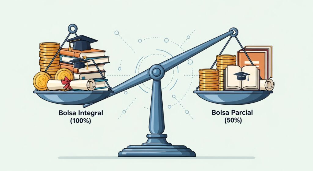 Ilustração de balança comparando bolsa integral (100%) e bolsa parcial (50%), com símbolos de educação e dinheiro representando os benefícios de cada tipo de bolsa de estudo.