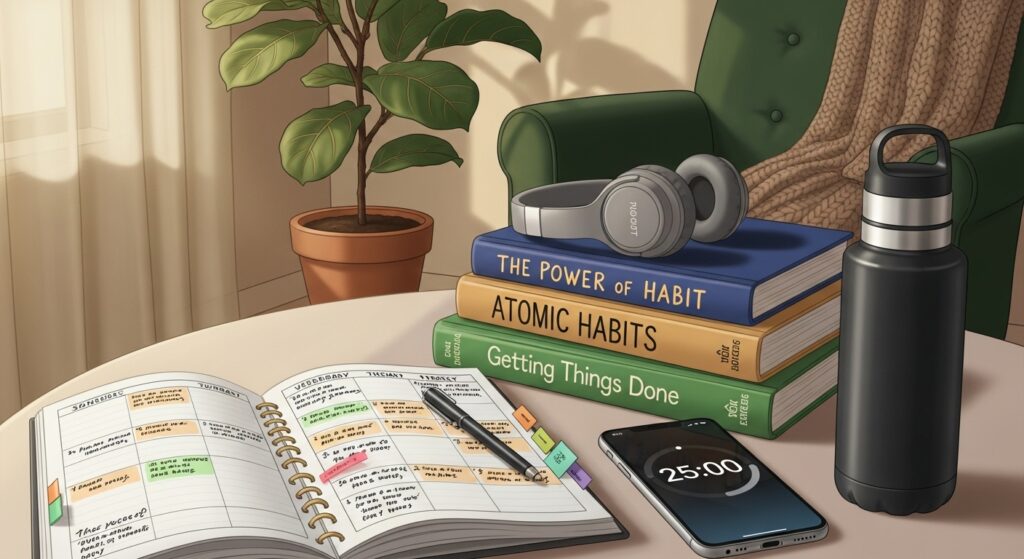 Imagem ilustrativa de uma mesa organizada com livros sobre hábitos e produtividade, uma agenda com tarefas, fones de ouvido, uma planta, uma garrafa e um celular com cronômetro ativo.