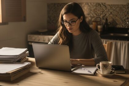 Jovem concentrada usando notebook em uma cozinha, com pilha de papéis, caderno, caneta e xícara de café sobre a mesa, em ambiente de estudo caseiro.