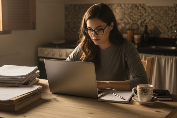 Jovem concentrada usando notebook em uma cozinha, com pilha de papéis, caderno, caneta e xícara de café sobre a mesa, em ambiente de estudo caseiro.