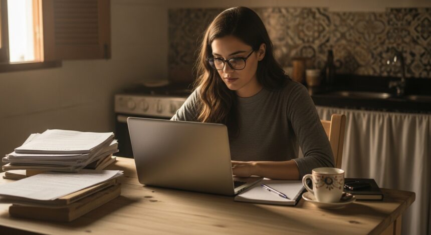 Jovem concentrada usando notebook em uma cozinha, com pilha de papéis, caderno, caneta e xícara de café sobre a mesa, em ambiente de estudo caseiro.
