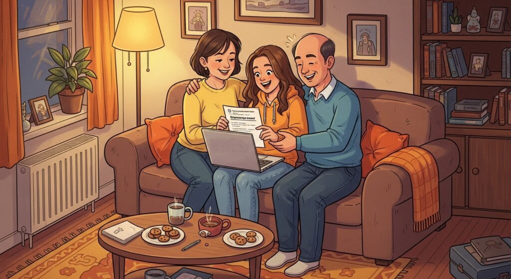 Ilustração de família comemorando junto no sofá ao ver o resultado de uma aprovação estudantil no notebook, com documento em mãos e expressões de alegria em um ambiente aconchegante.