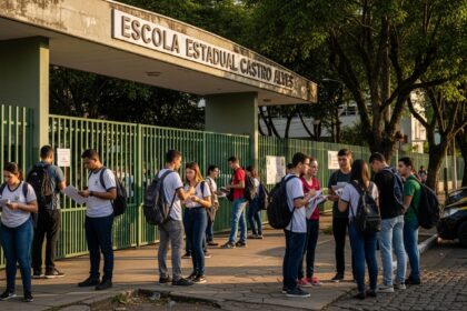 Imagem da entrada de uma escola, com estudantes conversando e distribuindo papéis. A fachada da escola exibe o nome "ESCOLA ESTADUAL CASTRO ALVES", e é possível ver árvores ao redor e um carro da polícia estacionado na rua.