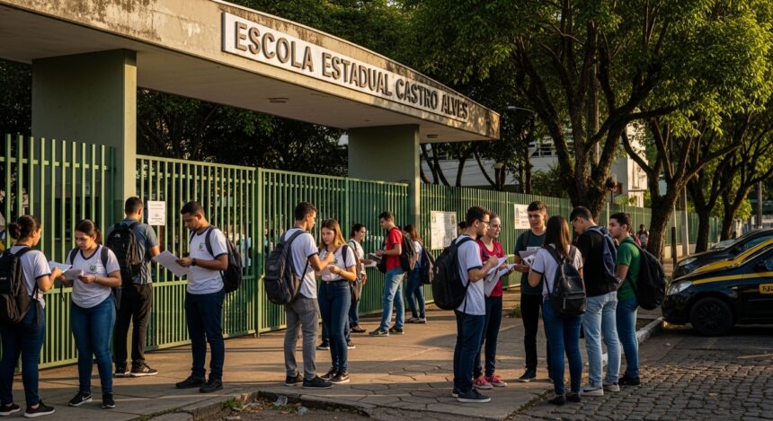 Imagem da entrada de uma escola, com estudantes conversando e distribuindo papéis. A fachada da escola exibe o nome "ESCOLA ESTADUAL CASTRO ALVES", e é possível ver árvores ao redor e um carro da polícia estacionado na rua.
