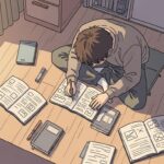 Ilustração de um jovem estudando no chão, cercado por livros e cadernos abertos com gráficos e anotações, enquanto escreve concentrado em um dos cadernos.