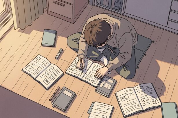 Ilustração de um jovem estudando no chão, cercado por livros e cadernos abertos com gráficos e anotações, enquanto escreve concentrado em um dos cadernos.