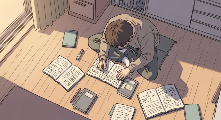 Ilustração de um jovem estudando no chão, cercado por livros e cadernos abertos com gráficos e anotações, enquanto escreve concentrado em um dos cadernos.