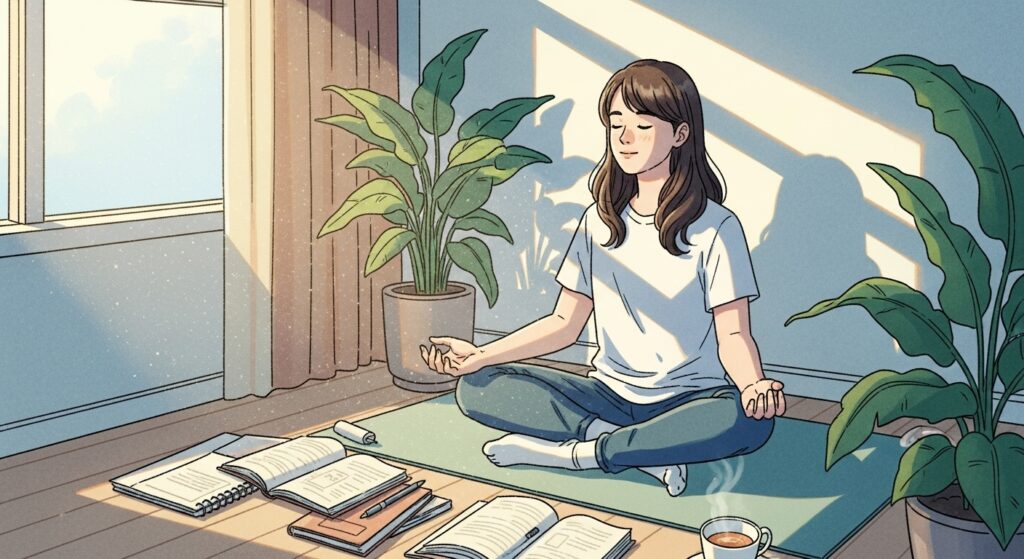 Ilustração de uma jovem meditando sentada no chão entre livros e cadernos abertos, em um ambiente tranquilo com plantas e luz natural entrando pela janela.