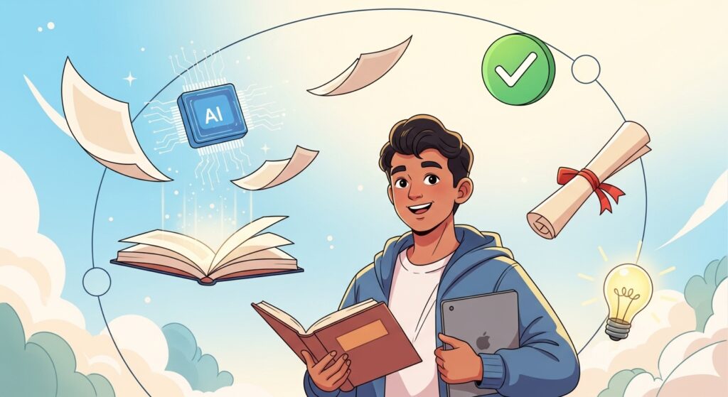 Um desenho animado, gerado por IA, retrata um jovem sorridente, cercado por elementos relacionados à educação e à inteligência artificial. Ele segura um livro aberto e um tablet com o logotipo da Apple. Ao seu redor, flutuam um chip de IA, uma lâmpada acesa que representa uma ideia, um diploma enrolado com uma fita vermelha, um símbolo de "correto" e algumas folhas de papel. Perto dele, um livro aberto emite um brilho. O plano de fundo é um céu claro com nuvens.