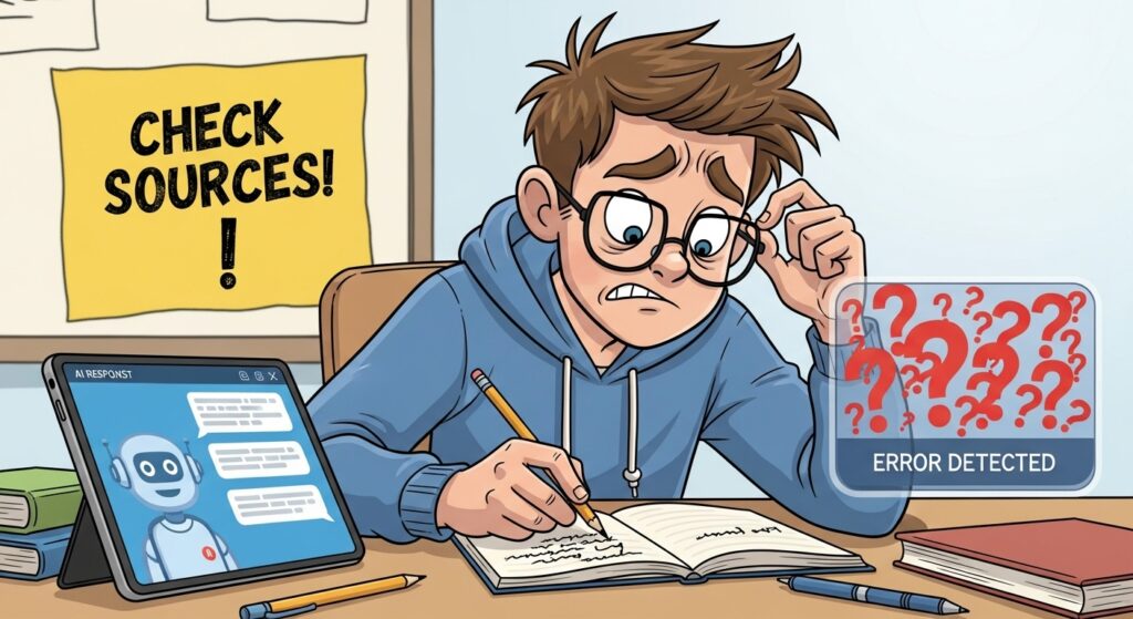 Uma imagem gerada por IA mostra um jovem, de óculos e com uma expressão de preocupação, sentado em uma escrivaninha. Atrás dele, em uma parede, há um bilhete amarelo com a frase "CHECK SOURCES!" (VERIFICAR FONTES!). O jovem segura um lápis e olha para o que parece ser um caderno ou livro. À sua frente, em um tablet, é exibido um chatbot chamado "AI RESPONS" com um avatar de robô. Ao lado, uma caixa vermelha flutuante com a inscrição "ERROR DETECTED" (ERRO DETETADO) e cheia de pontos de interrogação vermelhos simboliza a desinformação vinda da inteligência artificial. Livros também estão sobre a mesa.