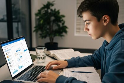 Um estudante, de cabelo escuro, está sentado a uma escrivaninha, concentrado na tela do seu notebook. Ele veste um moletom azul. Sobre a mesa, há um copo de água, um livro didático aberto e um caderno com uma caneta. A tela do laptop exibe uma interface complexa com gráficos e elementos interconectados, que podem sugerir uma análise de dados ou um fluxograma.