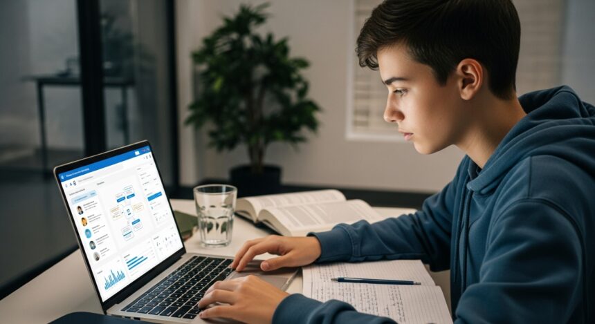 Um estudante, de cabelo escuro, está sentado a uma escrivaninha, concentrado na tela do seu notebook. Ele veste um moletom azul. Sobre a mesa, há um copo de água, um livro didático aberto e um caderno com uma caneta. A tela do laptop exibe uma interface complexa com gráficos e elementos interconectados, que podem sugerir uma análise de dados ou um fluxograma.