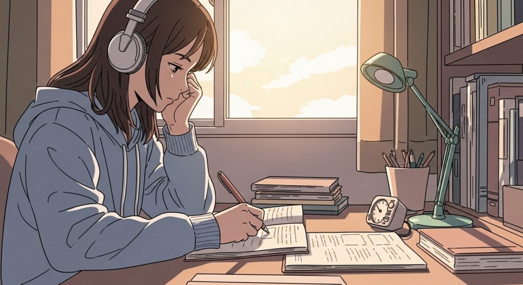 Ilustração de uma jovem estudando em sua escrivaninha ao pôr do sol, usando fones de ouvido e cercada por livros e materiais escolares